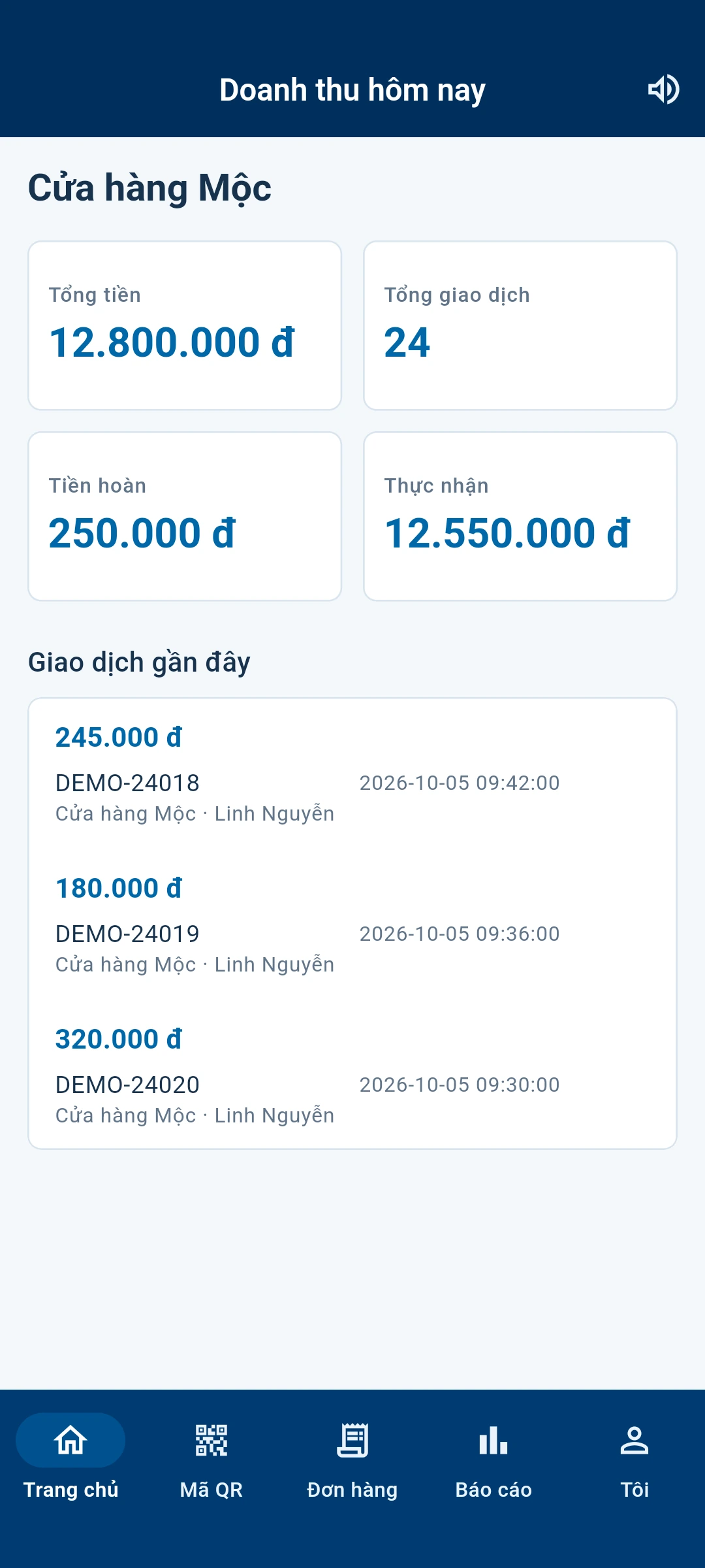 Trang chủ ứng dụng, mã QR thanh toán và trang quản trị